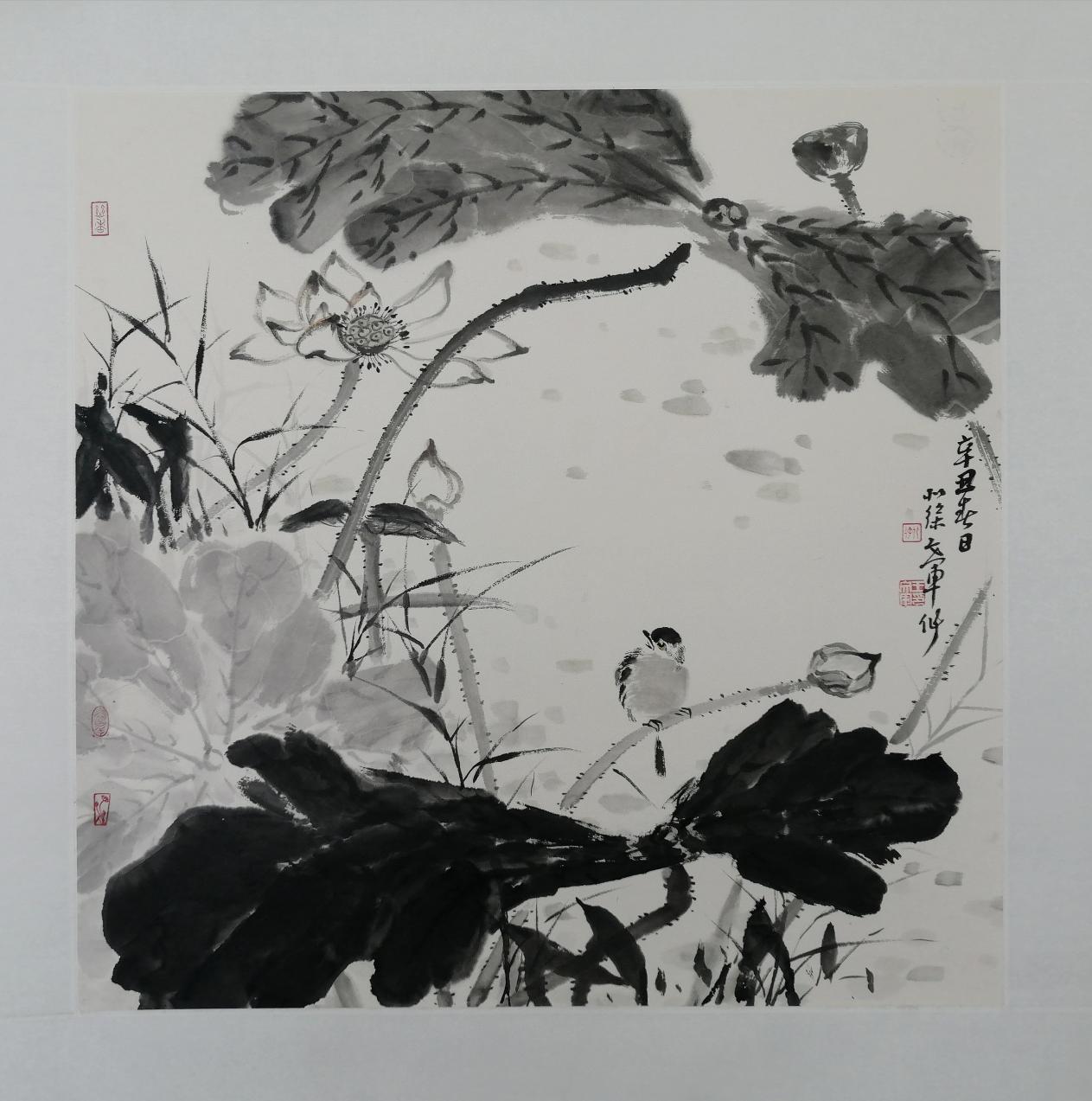 王文军 国画花鸟《幽鸟鸣荷》2021年 69x69cm